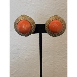 Vintage Ciner Clip On Earrings Gold Tone Coral Glass Chunky Statement